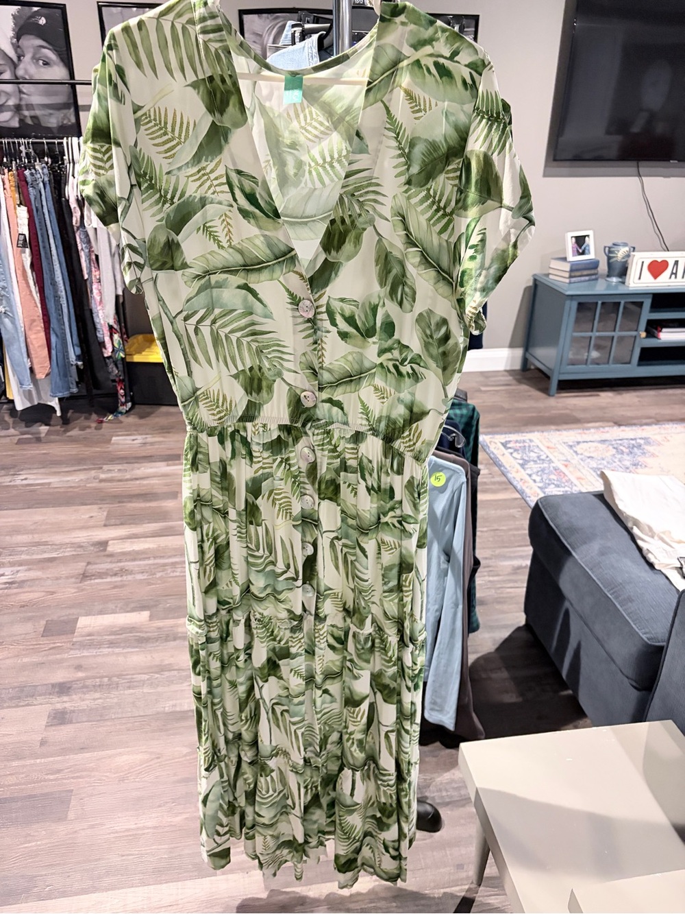 Tropical Leaf Cream and Green Button-Front Maxi Dress